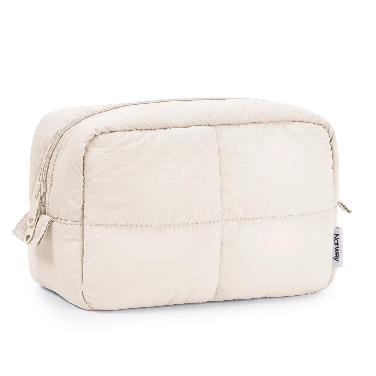 Narwey Puffy Makeup Bag for Travel Women Girl, Quilted Makeup Bag Cosmetic Bag, Cute Puffer Make up Organizer Bags, Travel Toiletry Bag Toiletries (Beige)