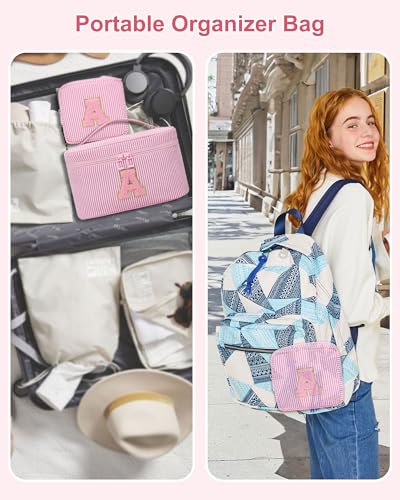 MONSTINA Personalized Preppy Makeup Bag Set with Brush Holder & Divider