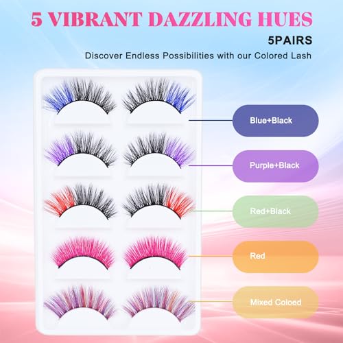 AMilHiTon Halloween Colored Eyelashes 5 Pairs - Faux Mink, Vibrant for Cosplay & Parties (8233 Mixed)