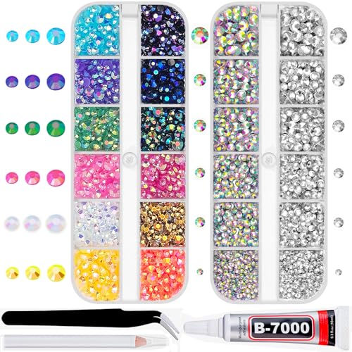 Rainbow Flatback Rhinestones Pack with AB Coating for DIY Crafts, Clothing & Decor — Silver Clear & Transparent AB, 6660pcs, 3-5mm