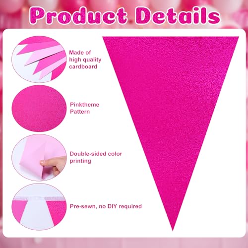 Tiamon Pink Glitter Bunting Banner - 5 Pcs 49.2 Ft Triangle Flags for Parties