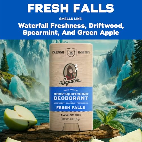 Dr. Squatch Natural Men¡¯s Deodorant ? Aluminum Free Natural Deodorant Men with Charcoal & Postbiotics for 72-Hour Odor Protection ? Fresh Falls, 2.65oz Stick (3-Pack)