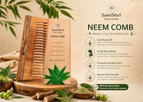 Neem Wood Shampoo Comb - Natural Wide Tooth Detangling Comb for All Hair Types