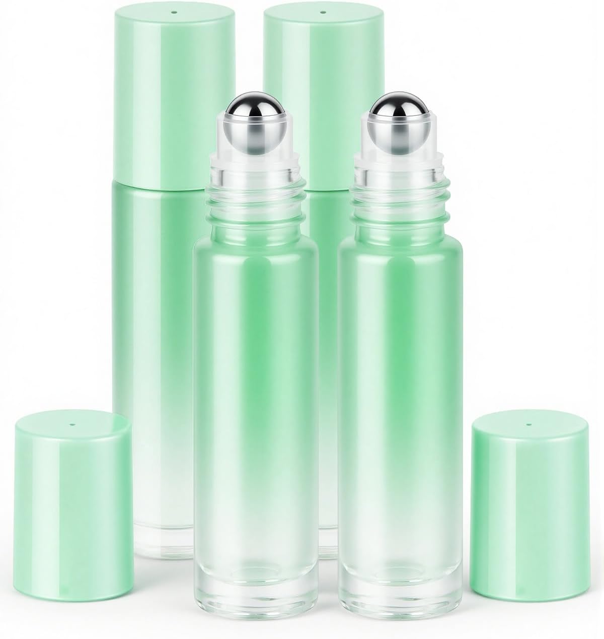 Essential Oil Roller Bottles - 4 Pack 10ml Amber Glass with Stainless Steel Caps | Travel Perfume & Lip Gloss