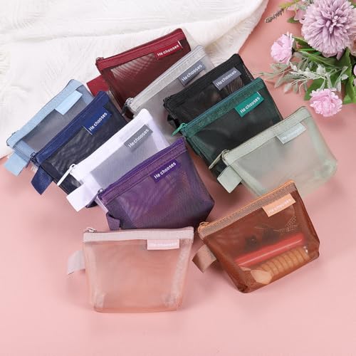 uxcell Mini Zipper Mesh Bag 3" x 5" - Brown Cosmetic Pouch (5 Pcs)