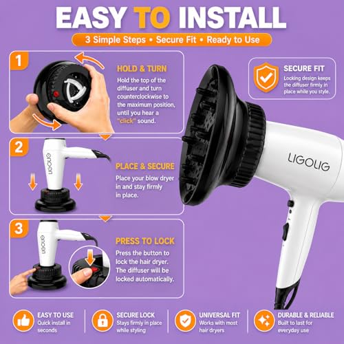 LIGOLIG Hair Difuser Attachment Universal Diffuser Hair Dryer for 1.4-inch to 2.4- inch Blow Dryer, Hair Diffuser for Curly Hair and Natural Wavy Hair (Black)