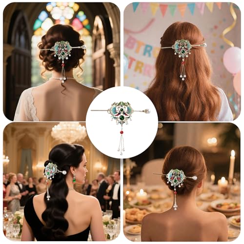 Elesokaxe Moon Phoenix Hair Sticks for Women - Green Chinese Hair Accessories