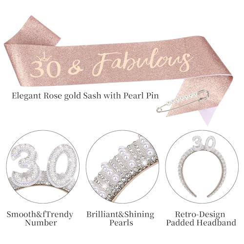 30th Birthday Headband, Sash & Pearl Pin Set - Party Decorations for Her