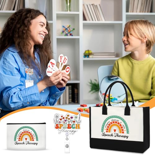 Speech Therapy Gift Set: Floral Canvas Tote, Makeup Bag & Badge Reel