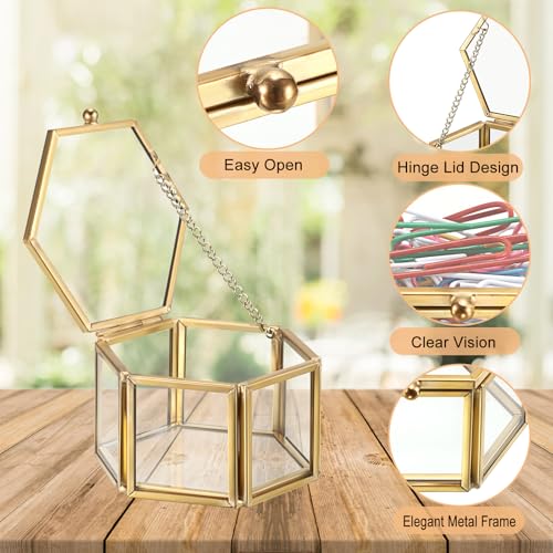 BTSKY Golden Glass Paper Clip Holder - Elegant Hexagon Desk Organizer