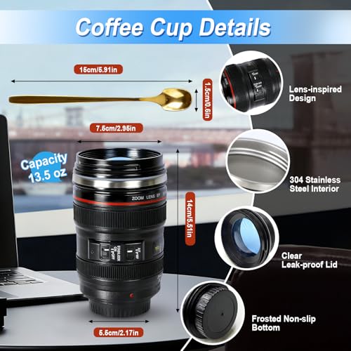Camera Lens Coffee Mug - 13.5 oz Stainless Steel Travel Cup