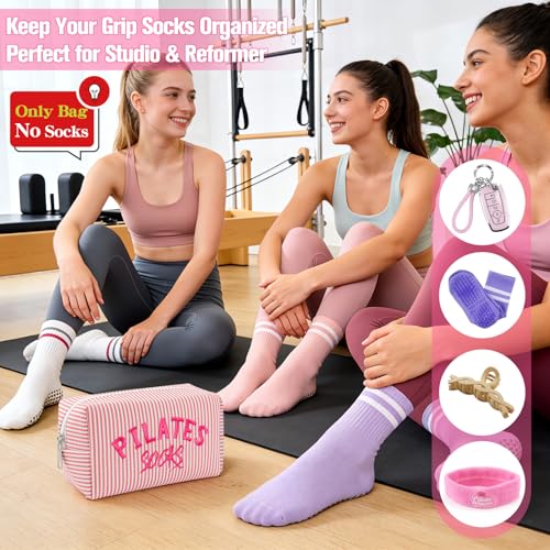 Pilates Grip Socks Bag - Embroidered Seersucker Pouch for Gym & Travel