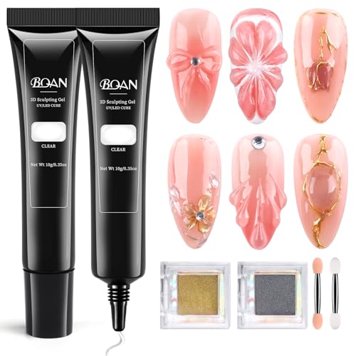 BQAN 3D Nail Gel Kit - No-Wipe Sculpting Gel with Chrome Powder