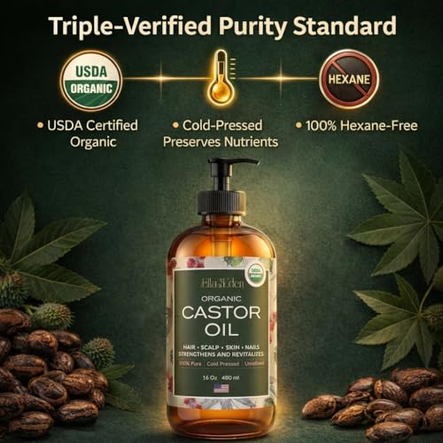 Ella & Eden USDA Organic Castor Oil ? 100% Pure Cold Pressed Hexane-Free - Glass Bottle - For Hair Growth, Face, Eyelash, Skin, Stomach - Unrefined 16 Fl Oz