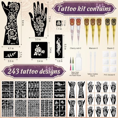 InkForge Temporary Tattoo Kit - 243 Stencils & 7 Color Cones