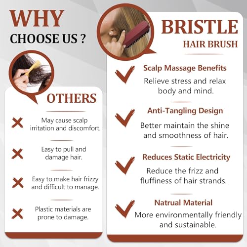 2-Pack Boar Bristle Hair Brushes for Men & Women - Smoothing & Teasing