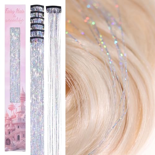 WENNALIFE Silver Hair Tinsel Clips - 6pcs 24-inch Glitter Extensions
