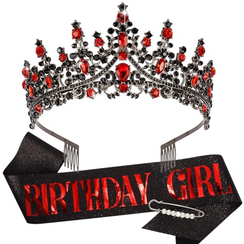 TOBATOBA Red Black Birthday Sash and Tiara Set for Girls
