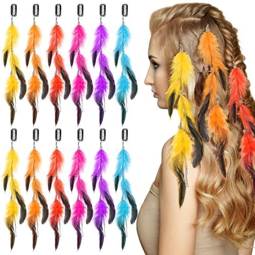 Multicolor 12 Pcs Clip-in Feather Hair Extensions for Women, Festival & Costume Accessories
