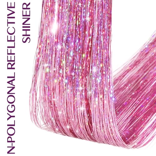 Pink Sparkle Clip-In Hair Tinsel Extensions 24 Inch for Long Hair - 6pcs