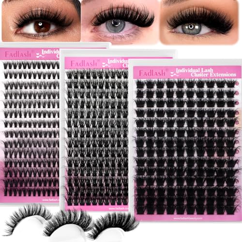 FADLASH Cluster Eyelash Extensions Kit - 644 Pcs, 40D/100D/200D, 12-18mm D Curl