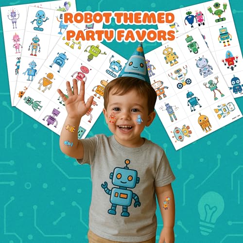 Cute Robot Temporary Tattoos for Kids - 60 PCS Pre-Cut Stickers
