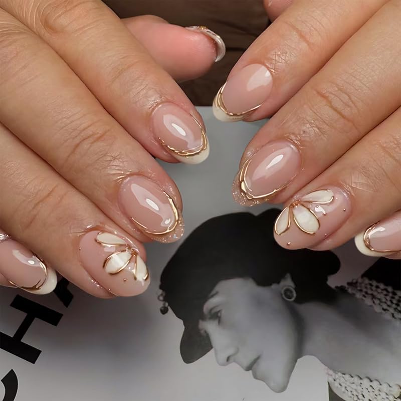 Cat Eye French Tip Press-On Nails - Nude & Pink Short Almond | Reusable Glue-On Nails with Gold Line for Weddings & Parties