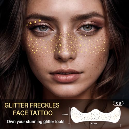 8 Pcs Gold Face Makeup Patches, Gold Glitter Freckles Face Tattoo, Glitter Freckles, Sparkle Makeup Patches, Waterproof Face Glitter Temporary Tattoos for Women and Girls