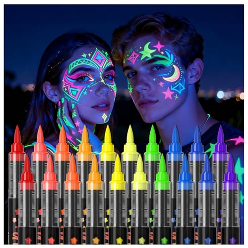 20-Color UV Neon Face & Body Paint Marker Set – Glow-in-the-Dark Makeup