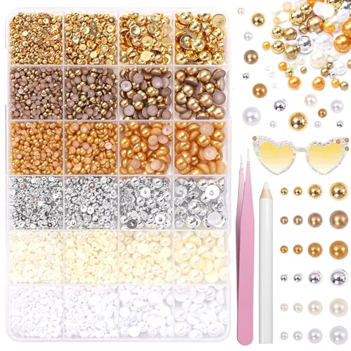 Set-8 Gold Silver Brown White Flatback Pearls for Nail Art & Crafting 4 Sizes