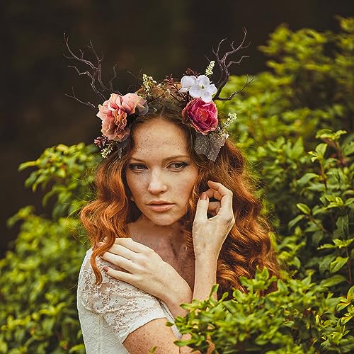 KorViSHOW Orange-Red Deer Antlers Flower Crown Headband - Unique Hair Accessory