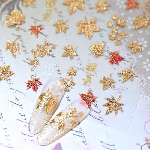 Sutaozhi Maple Leaf Stickers Style 12 - Fall Nails Art Decals, Gold Glitter Autumn Design, Thanksgiving Nail Decor, 1PCS