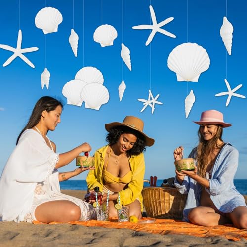 24 Pcs Coastal Beach Themed Hanging Decorations - Starfish & Seashell Cutouts