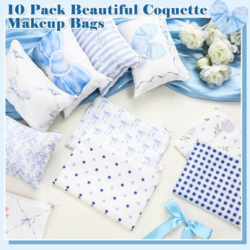 10 Pcs Coquette Bow Makeup Bags, Blue Canvas Cosmetic Travel Pouch Set