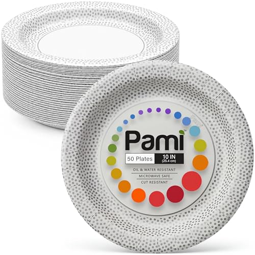 PAMI 10-Inch Heavy Duty Paper Plates - Flecked Design, 50 Count
