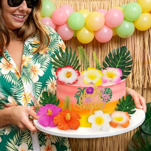 16PCS Tropical Hawaiian Flower Cake Toppers for Summer Parties