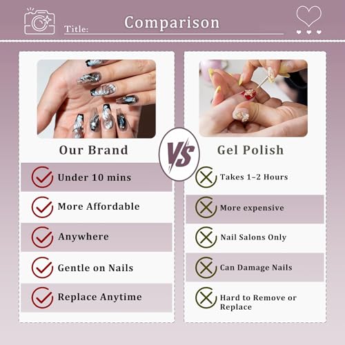 10pcs Hantyer Short Duckbill Glossy Black French Press On Nails Kit - M Size with Rhinestones & 3D Flower Designs