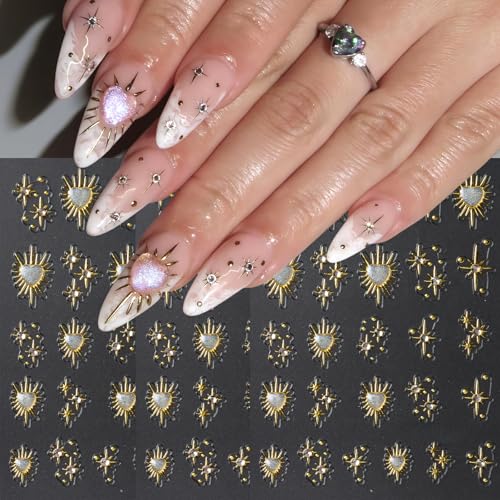 3 Sheets Gold Star Nail Stickers with Rhinestones - 5D Aurora Design