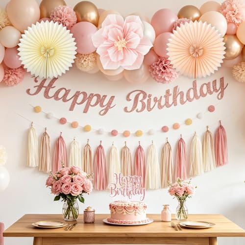 Boho Pink Birthday Decorations Set with Gold Balloons & Banner