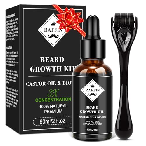 RAFFIN Beard Growth Kit, Beard Growth Oil (2Oz) w/3 X Thickening Biotin & Castor Oil for Spot/Patchy Beard, Achieve Fuller, Thicker, Healthier Beard, Birthday Gifts for Men Him Boyfriend Husband Dad