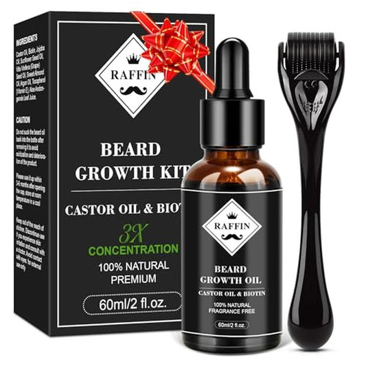 RAFFIN Beard Growth Kit, Beard Growth Oil (2Oz) w/3 X Thickening Biotin & Castor Oil for Spot/Patchy Beard, Achieve Fuller, Thicker, Healthier Beard, Birthday Gifts for Men Him Boyfriend Husband Dad