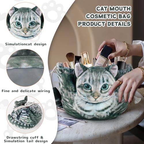 Grey Tabby Cat Drawstring Makeup Bag - Cute Cosmetic Case for Women