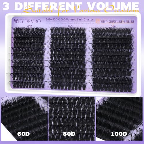 EYDEVRO Lash Clusters Kit 60D80D100D Volume Wispy Eyelash Extension Set with Bond & Tweezers