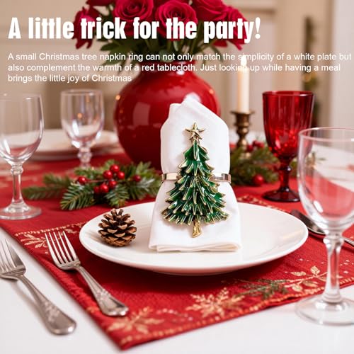 Christmas Tree Napkin Rings Set of 4 - Gold Alloy Holders with Star Topper