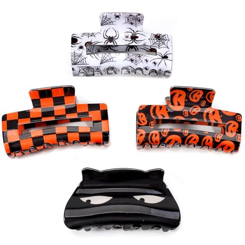 Budsmile 4PCS Halloween Hair Claw Clips – Pumpkin Spider Web Cat Lattice Nonslip Orange Pack