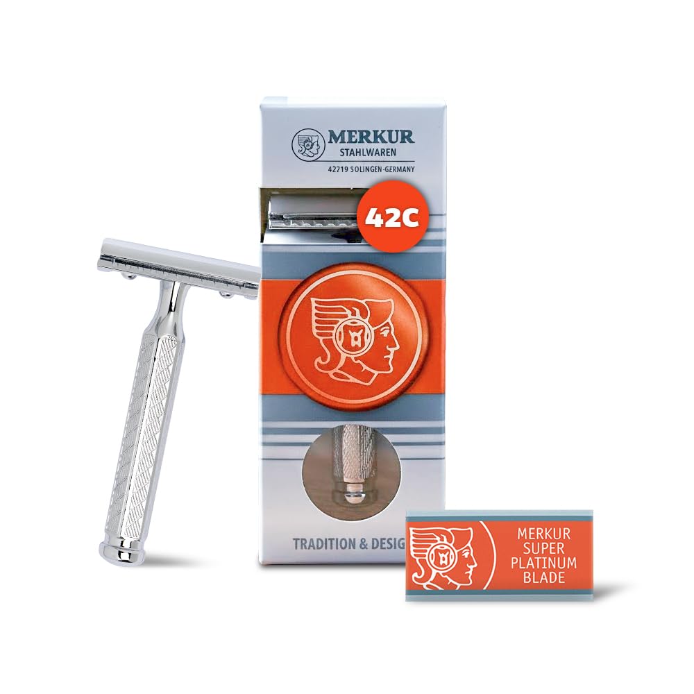MERKUR 42C Double Edge Safety Razor, Hexagonal Handle, Three-Piece Design, Closed Comb Straight Bar, Bright Chrome Finish, Made in Germany