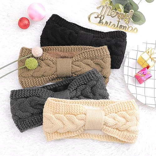 DRESHOW Winter Knit Headbands for Women - Fleece Lined Ear Warmers, Knot Style - Cream, Khaki, Dark Grey, Black