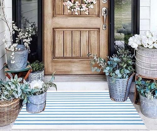 Hand-Woven Cotton Striped Front Door Mat 24"x35" - Washable Rug