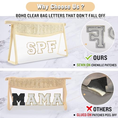 2-Piece Boho Clear Makeup Bag Set with Glitter Chenille Letter Patches