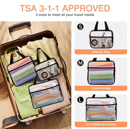 XEWEA 3-Pack Clear Travel Toiletry Bags with Handles & Pockets - Black Variation